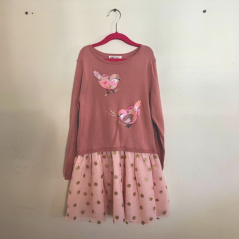 H&M Girls Pink Sweater Dress with Bird Motif and Gold Dots